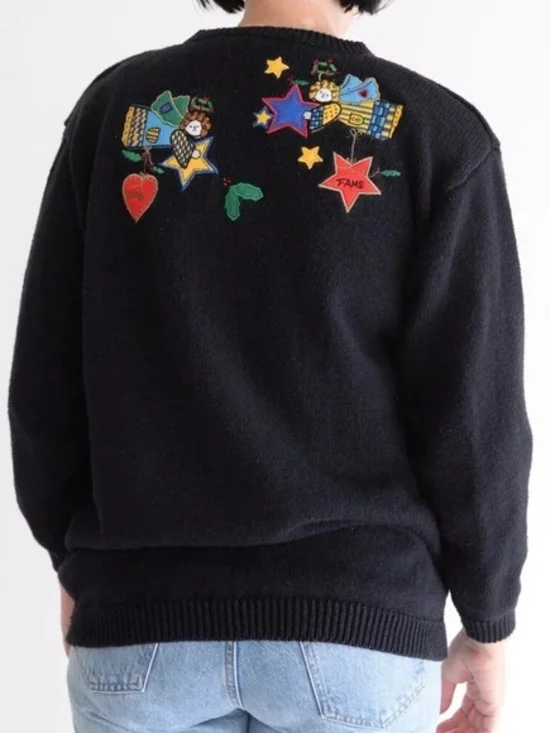 Black Cardigan with Colorful Embroidered Stars & Hearts - Picture 2 of 6